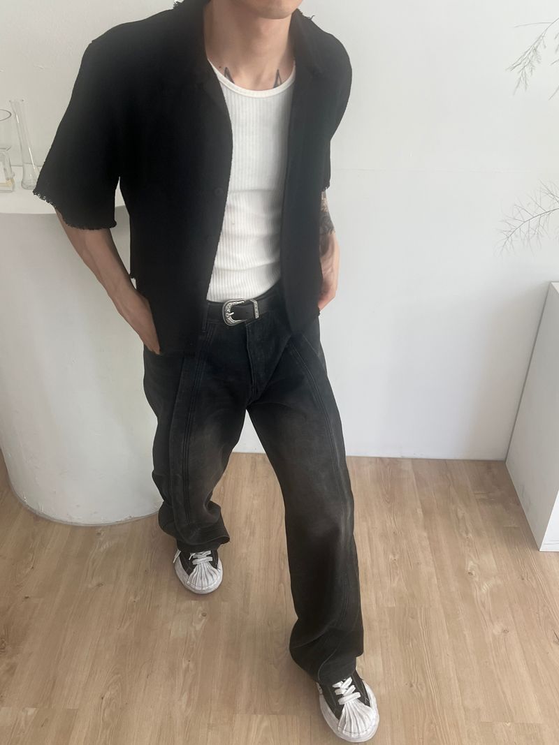 Wave-washed incision wide denim(2colors)