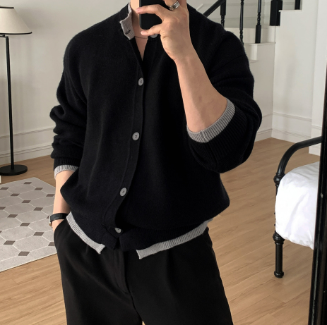 Lapel color scheme round neck button knit cardigan