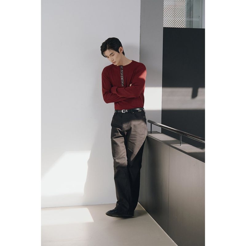 Leather ribbed henry neck long sleeves(Burgundy)