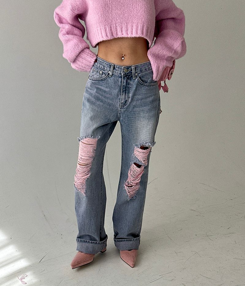 Pink Damage Wide Jeans
