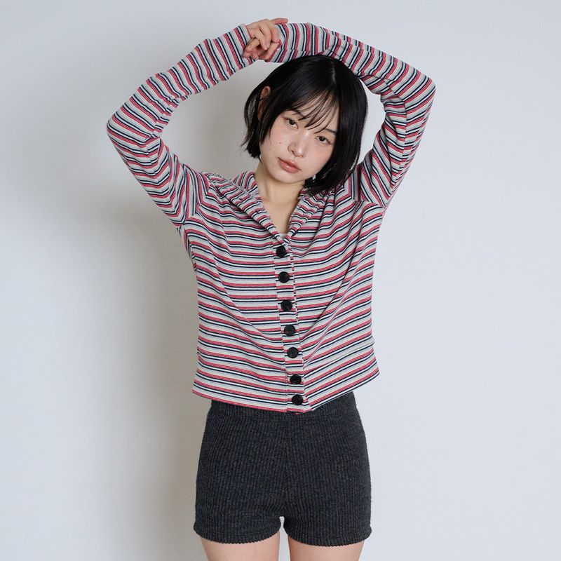 STRIPED HIGH NECK BUTTON CARDIGAN - GRAY