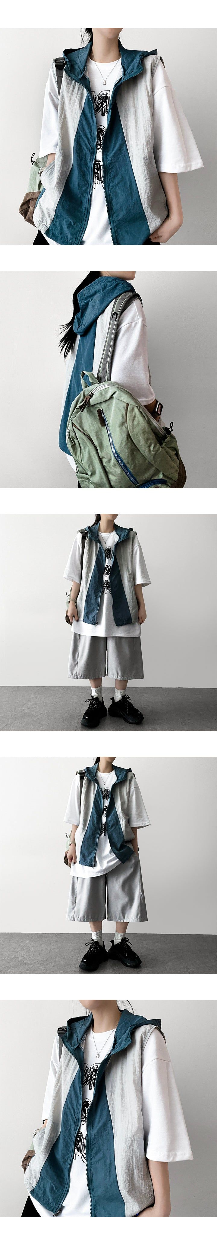 I-Nylon Coloring Hooded Vest Zip-Up