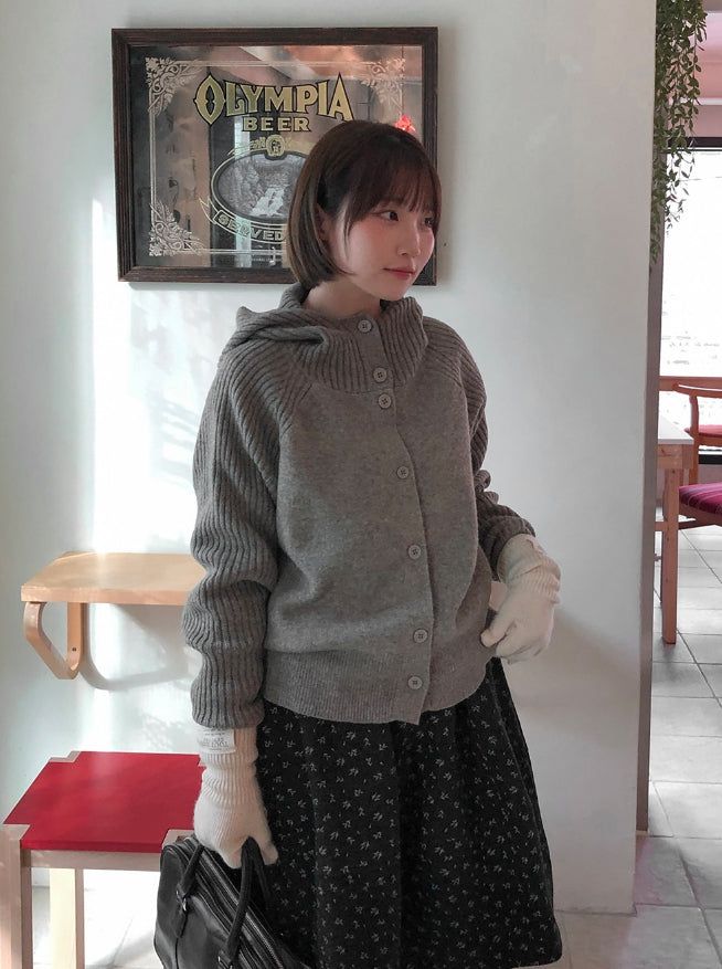 Higanne High Neck Angora Hood Knit Cardigan