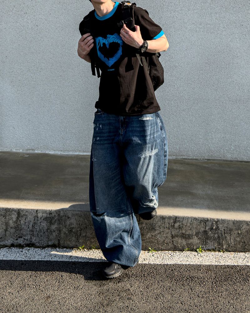 Part Blue Wash Distressed Denim