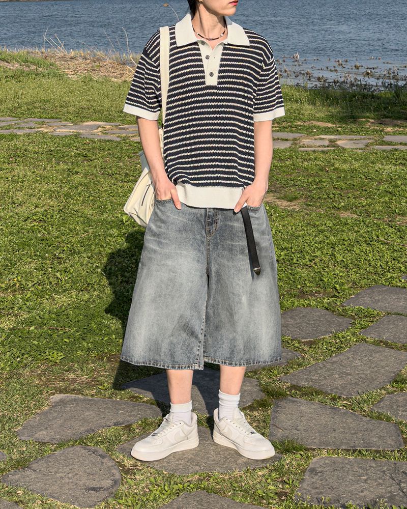 Windy Buckle Stripe Collar Short Sleeve Knit