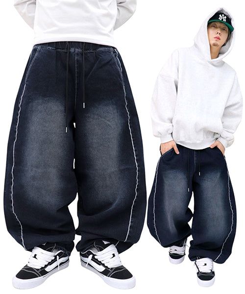Wide Side-Line Denim Balloon Pants