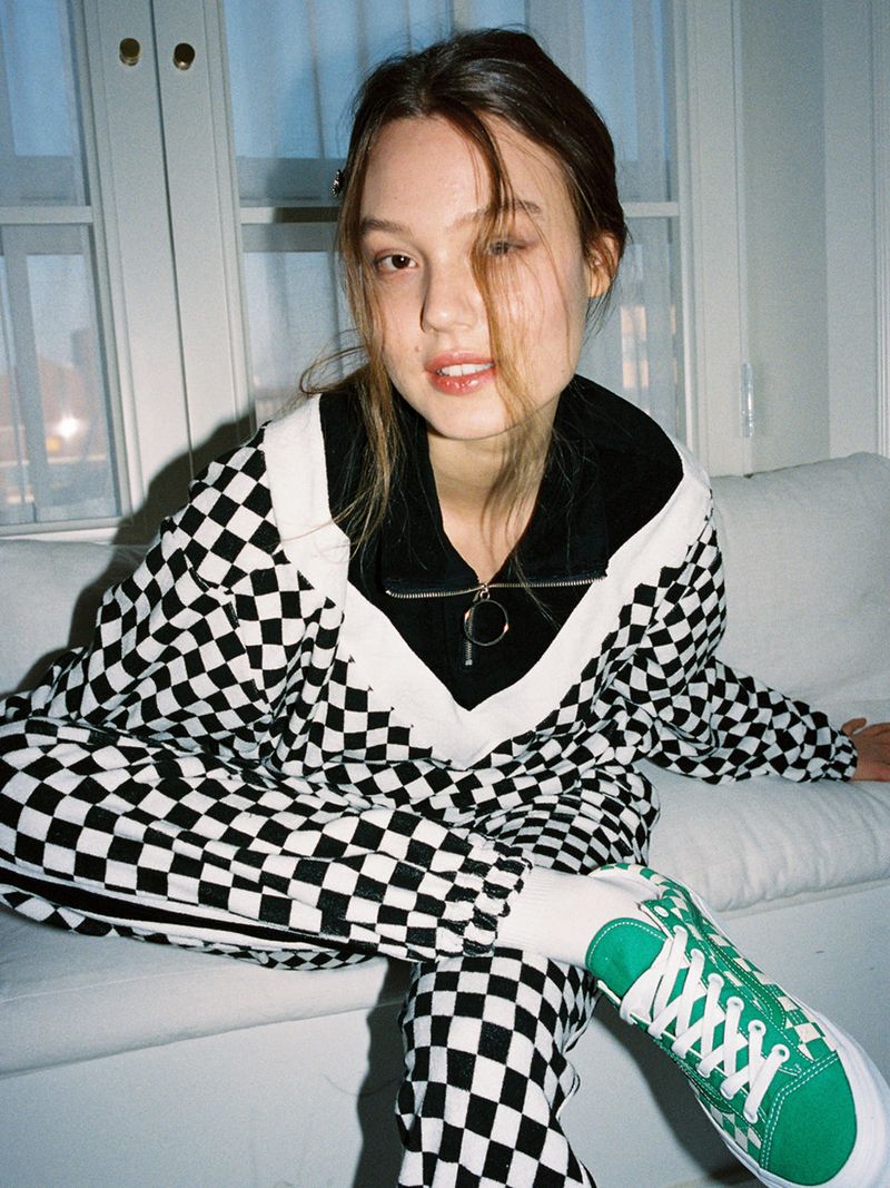 0 3 checkerboard zip-up top - BLACK