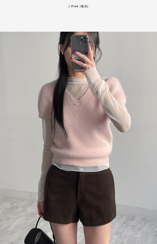 V-neck angora short-sleeved knit