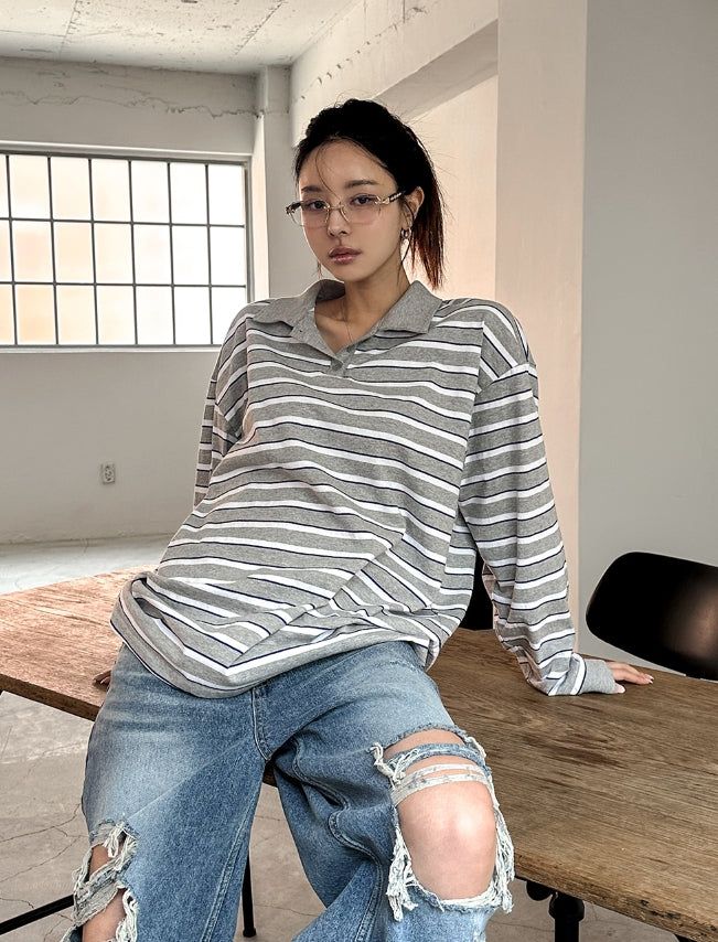ULAN(ユレン)の「Twoin Stripe Rugby Collar Sweatshirt(Tops)」