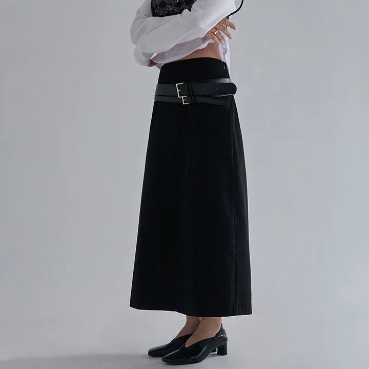 [Jenito] Back-Banded A-Line Slit Long Skirt - 2 Colors