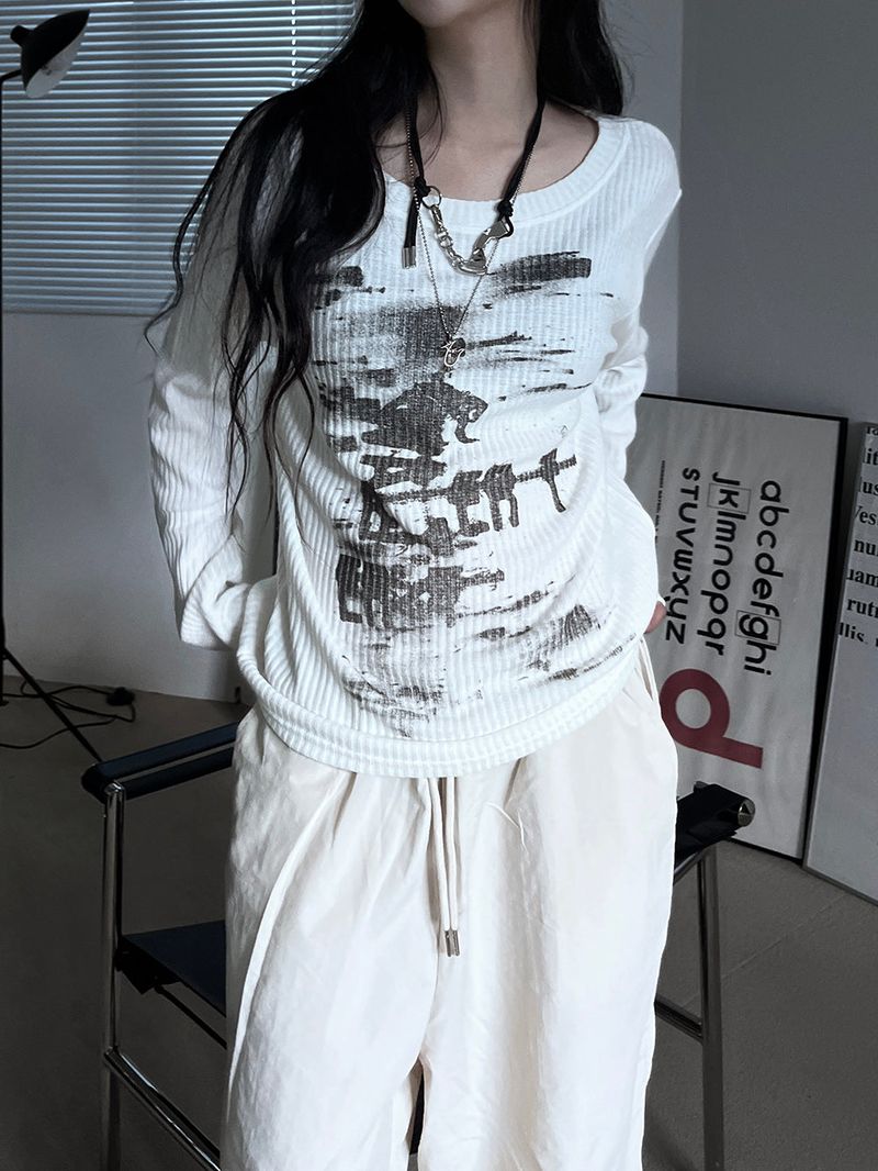 printed ribbed long sleeves (2color)