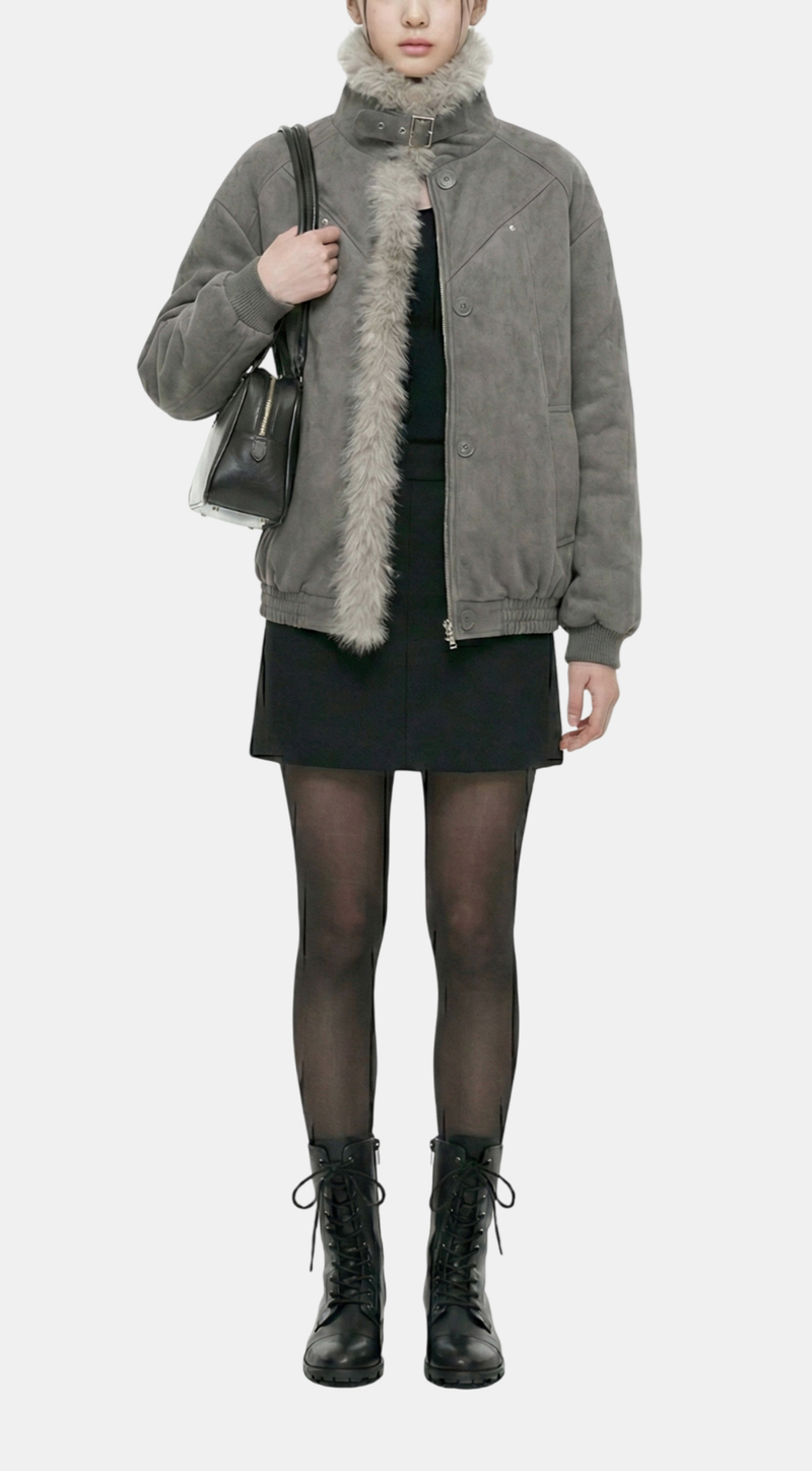 Aaron High-Neck Fur-Trim Short Mustang