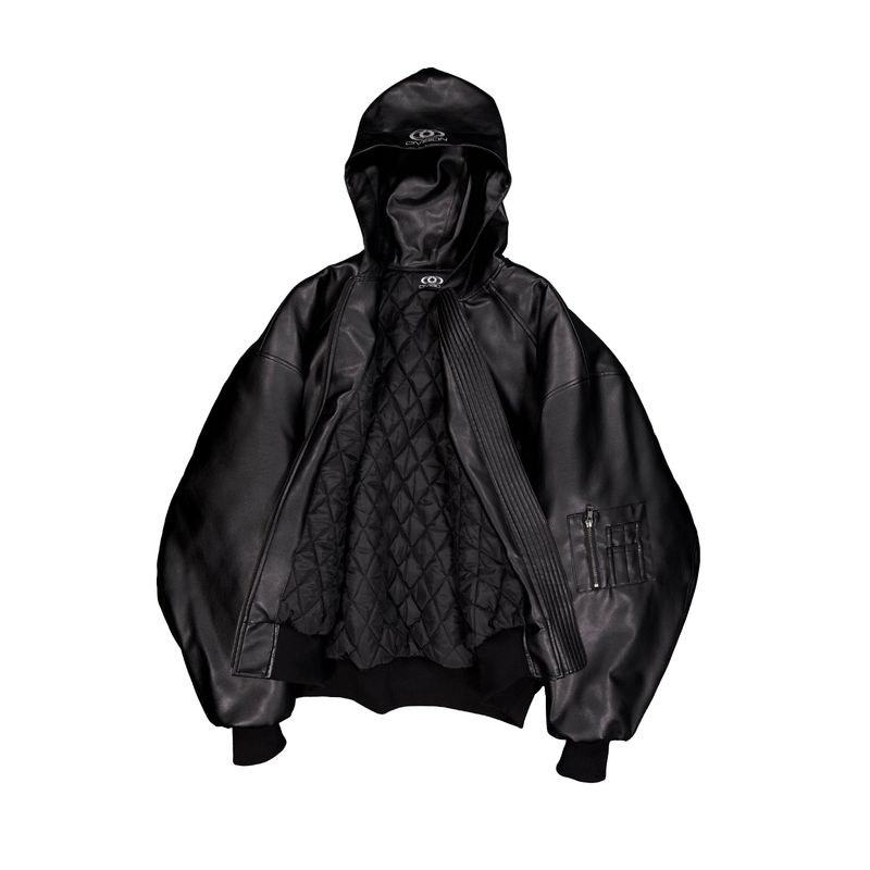 HOODED ARTIFICIAL LEATHER BOMBER JACKET