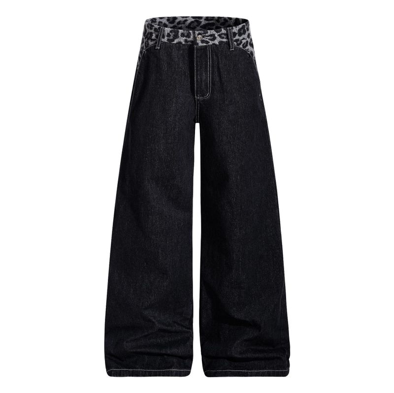 Leopard waist wide denim pants