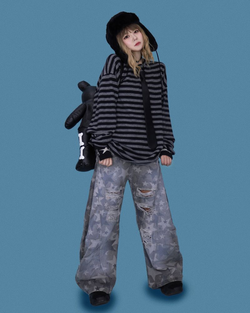 star damage denim pants