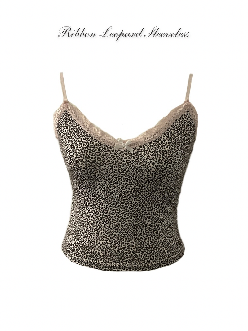 Ribbon Leopard Sleeveles(Black/Pink)