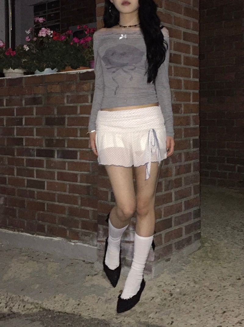 Dot Ribbon Strap Skirt (Ivory)