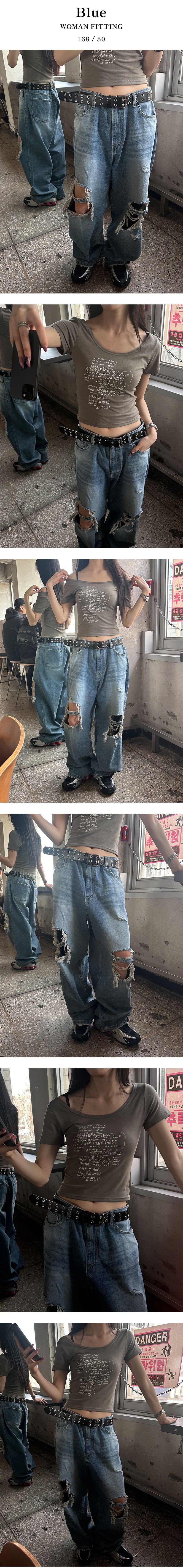  [Unisex] Knee destroyed wide denim pants