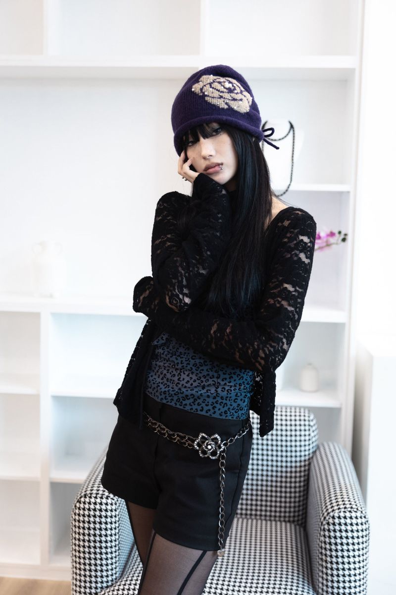 [Sepia] Leopard mesh sleeveless (scarf set) (Black/Blue)