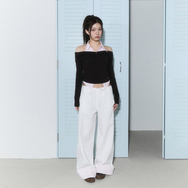 lace layered roll up denim - white