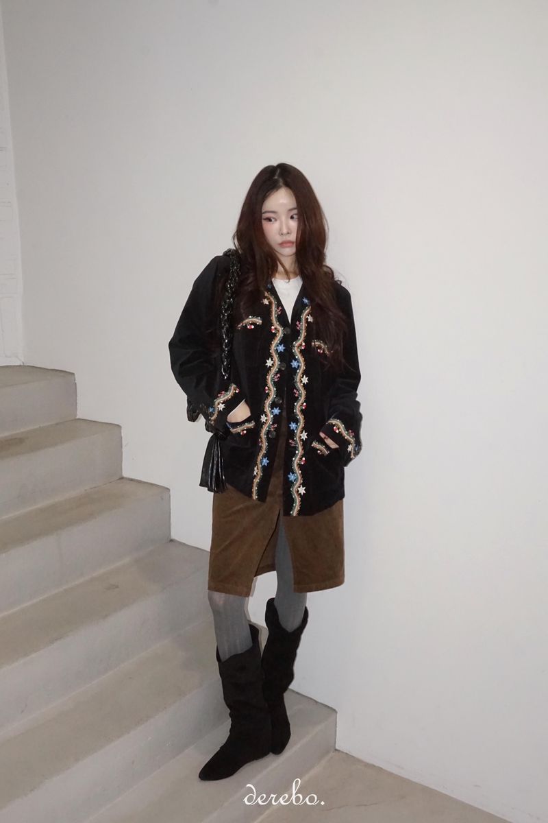 French velvet embroidered no collar jacket
