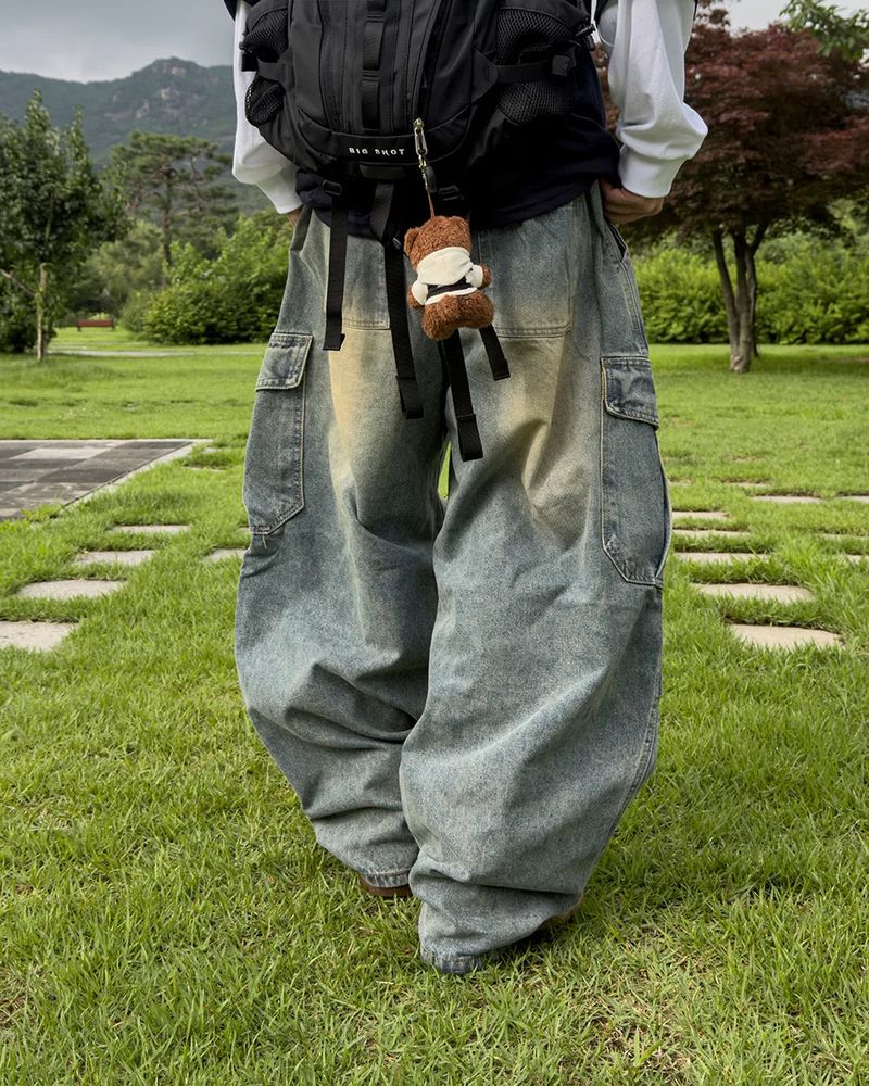 Bern diagonal cargo wide denim pants