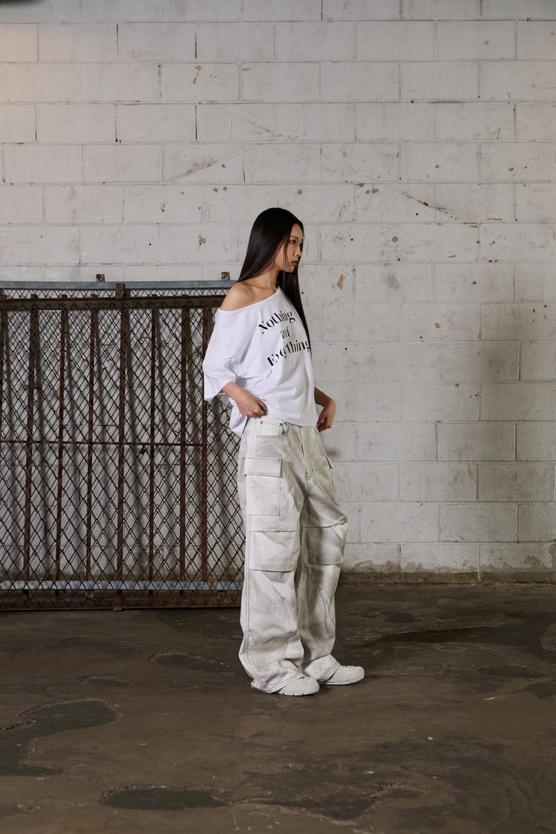 Dirty Washed Wide Cargo Denim Pants - White