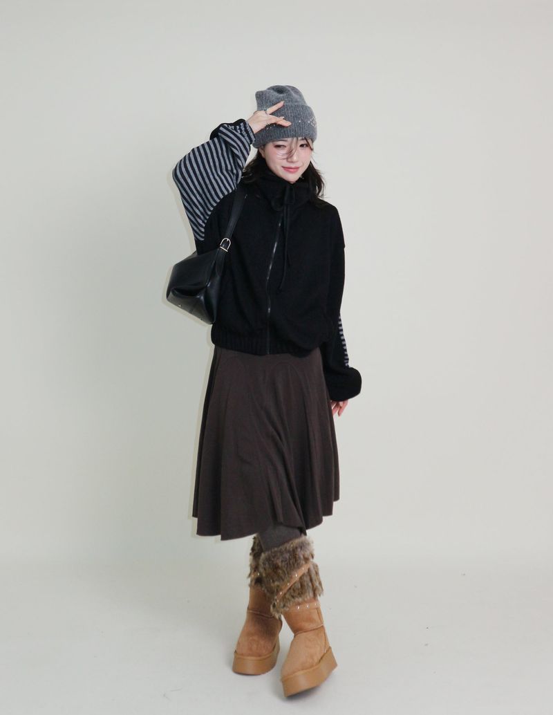 Hakata Stripe Coloring String Knitwear Zip-Up