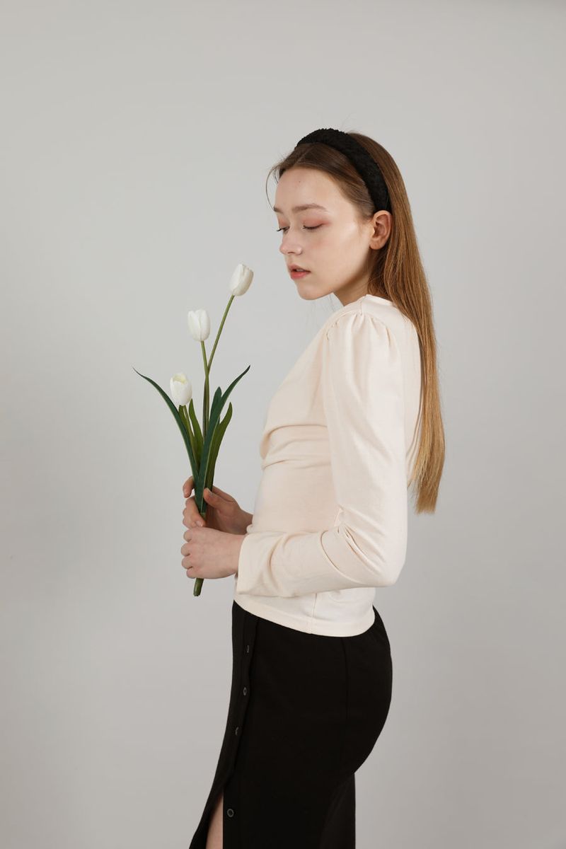 Drape Puff Shirring T-shirt Beige