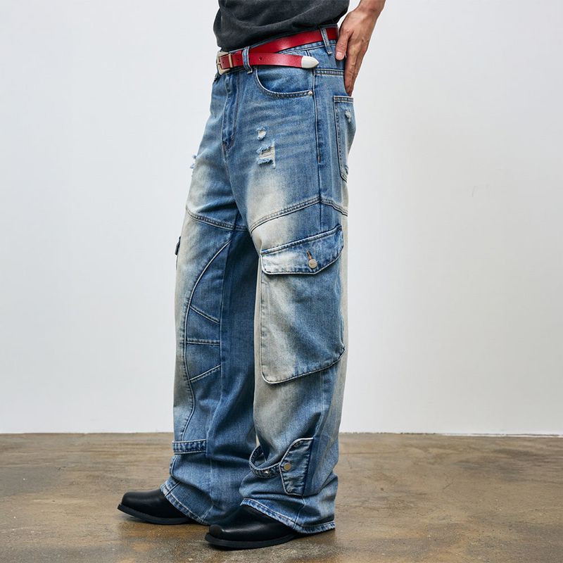 Washed Cargo Denim Detail Pants