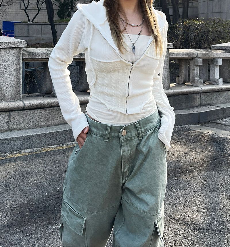 Twisted Slim Cropped Two-Way Hooded Zip-up