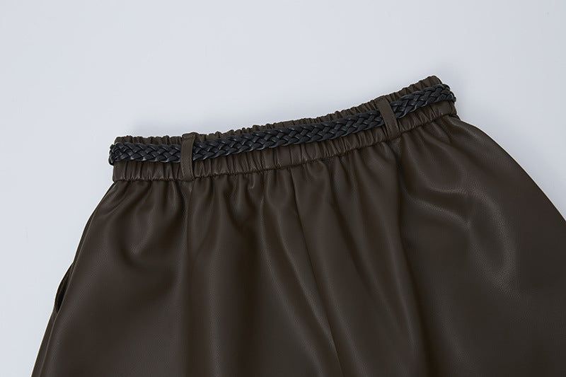 Twisted Belt Leather Long Skirt