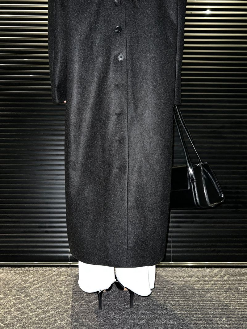 [UNISEX] Wool back button maxi long coat (Black)