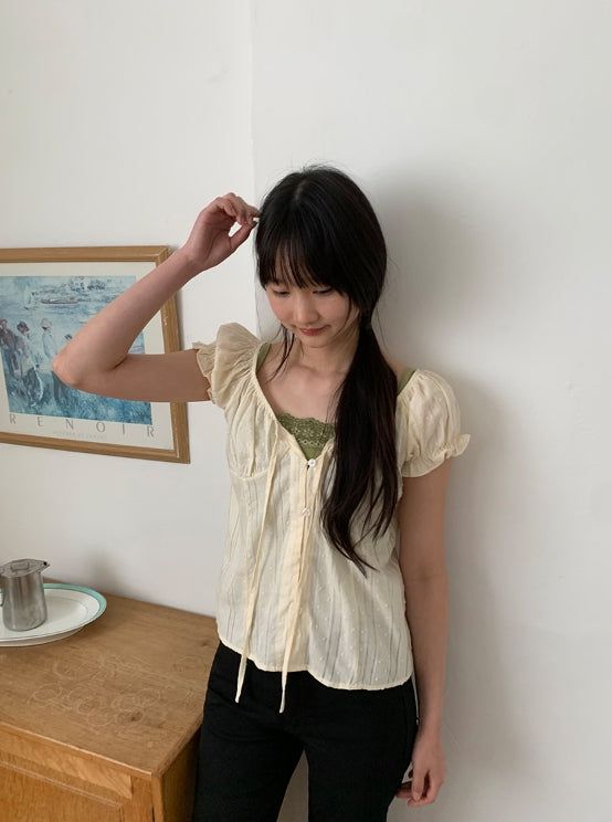 BAON（バオン）の「ザミルシャーリングリボンレース半袖ブラウス（トップス）」