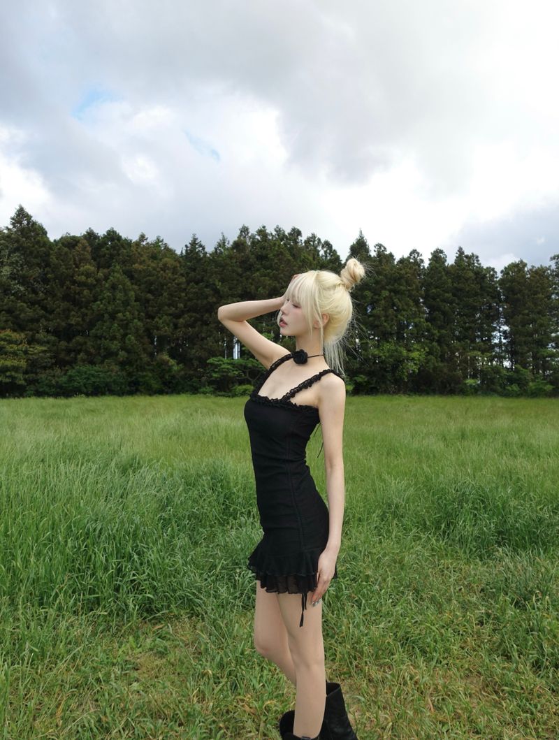frill shirring mini dress