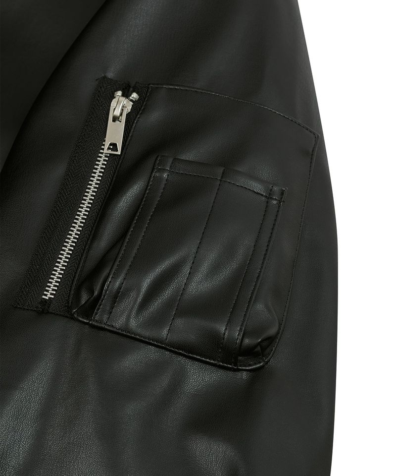 87-STAN026 [Vegan Leather] Curved Layer Bomber Leather Jacket Black