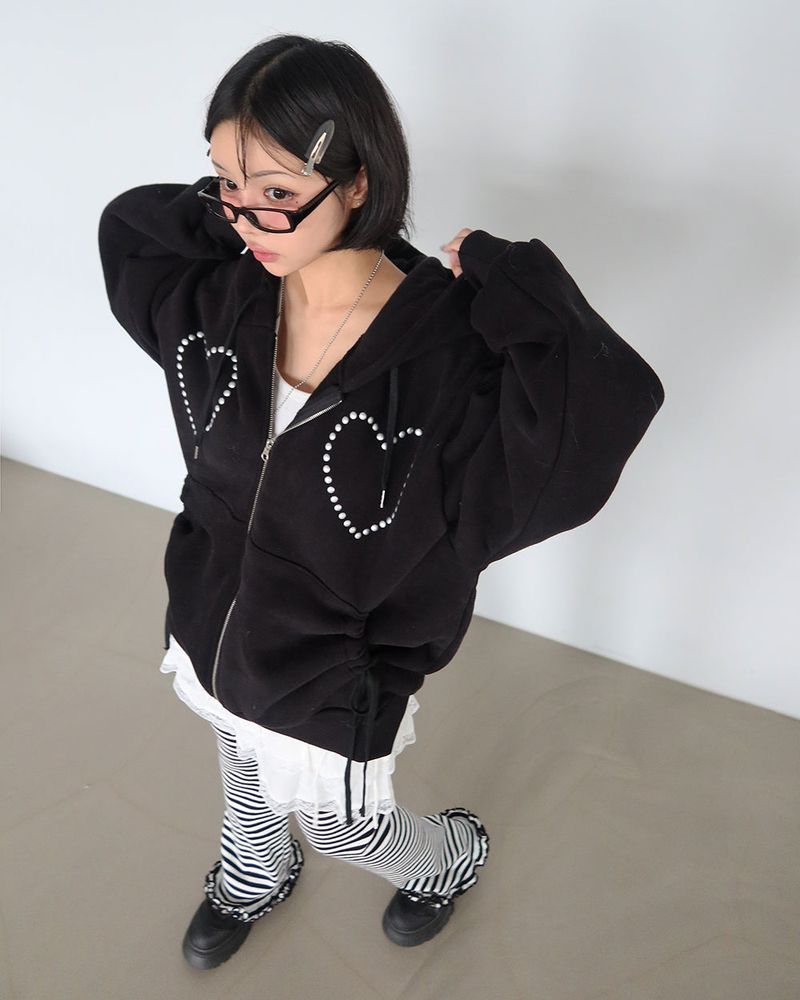 Wool napping heart wrinkle shirring hooded zip-up