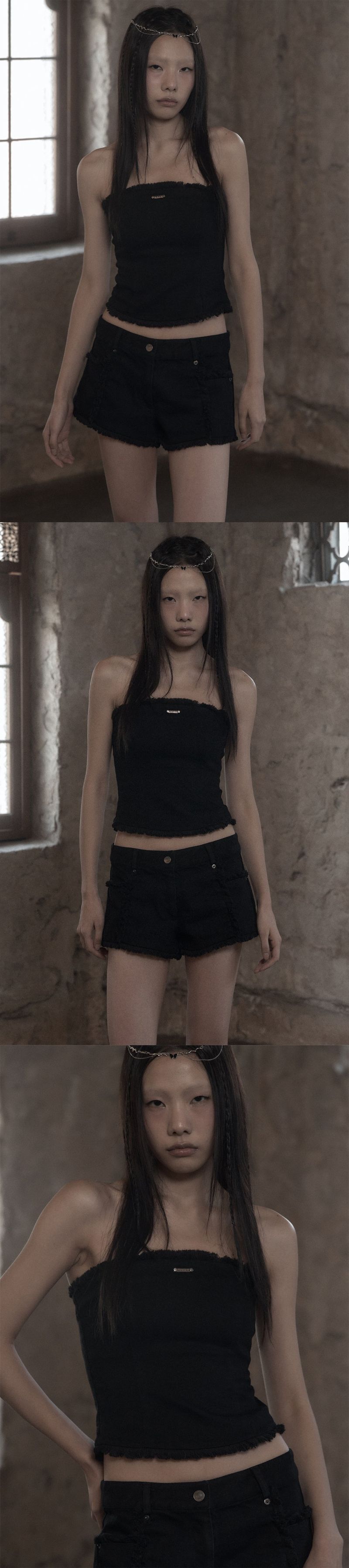 [mnem] Fringe Wash Bustier (black)