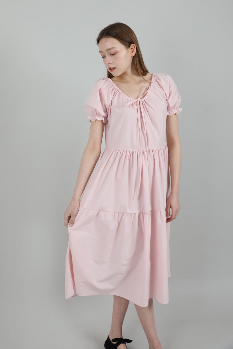 Romantic Shirring Long Onepiece Pink