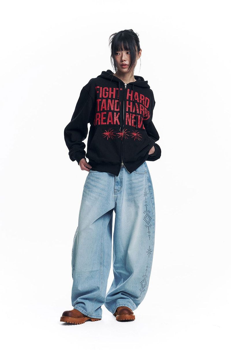Curved Western Stud Denim Pants - Light Blue