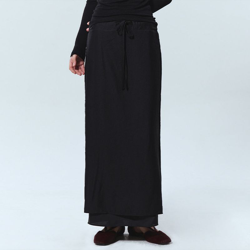 DOUBLE LAYERED H LINE MIDI SKIRT_BLACK