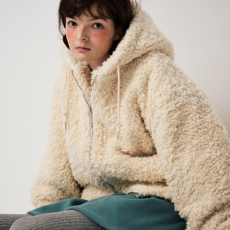 SHEARLING HOOD JUMPER, CREAM