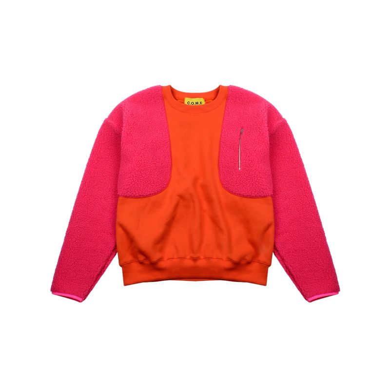 C.O.M.E（シーオーエムイー）の「[UNISEX] Panelled Faux-Shearling Sweatshirt (Orange)（Tops）」