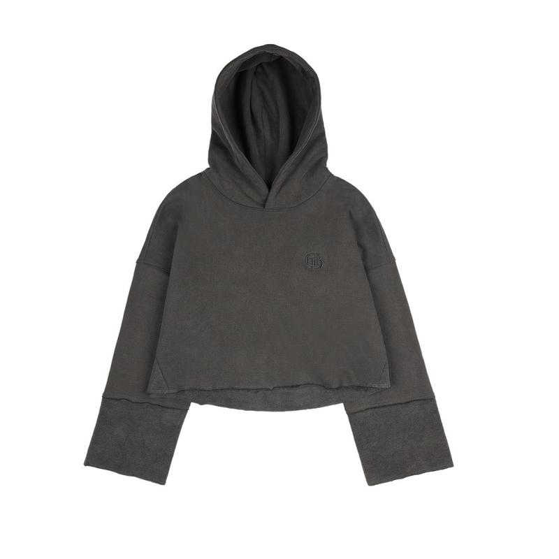 Don't Ask My Plan (DAMP)(ドントアスクマイプラン)の「PIGMENT CUTTED CROP HOODIE_CHARCOAL(Tops)」