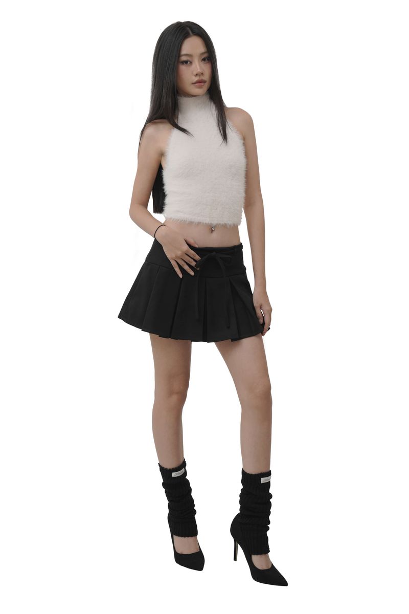 Hugging ribbon pleated skirt, Black
