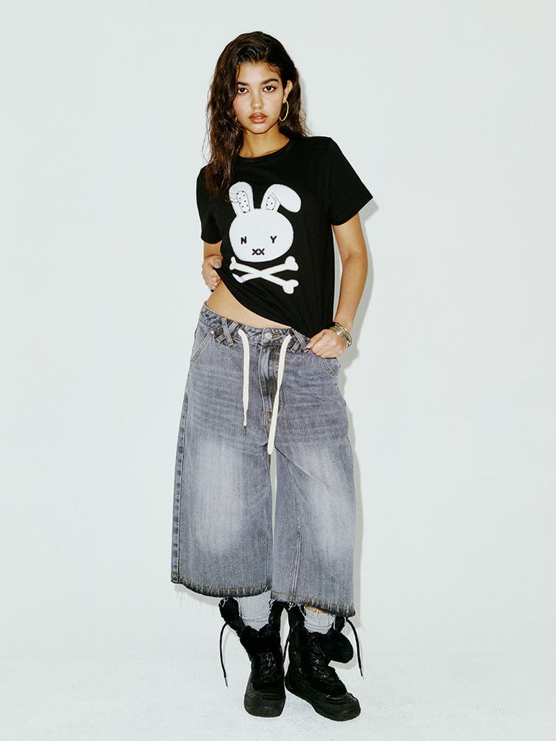 STRING CAPRI DENIM PANTS GREY