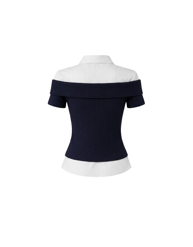 Elly Off-Shoulder Tie Ribbed Short Sleeve Knit T-Shirt Navy