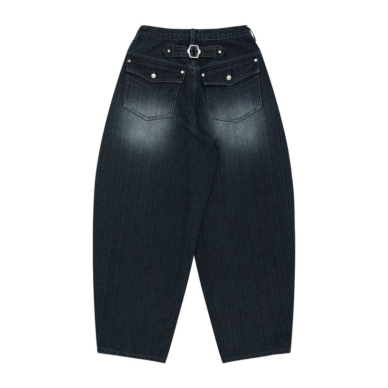 Vertical Wash Wide Denim Pants - Navy