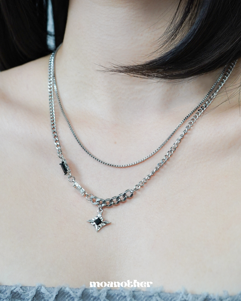 [Aespa Winter,Purplekiss Dosie Pick](Surgical Steel) Black Oriental Square Layered Necklace