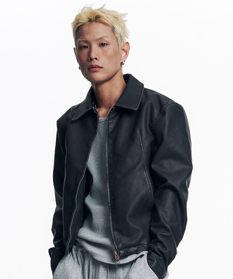 Washed Leather Crop Jacket - Black